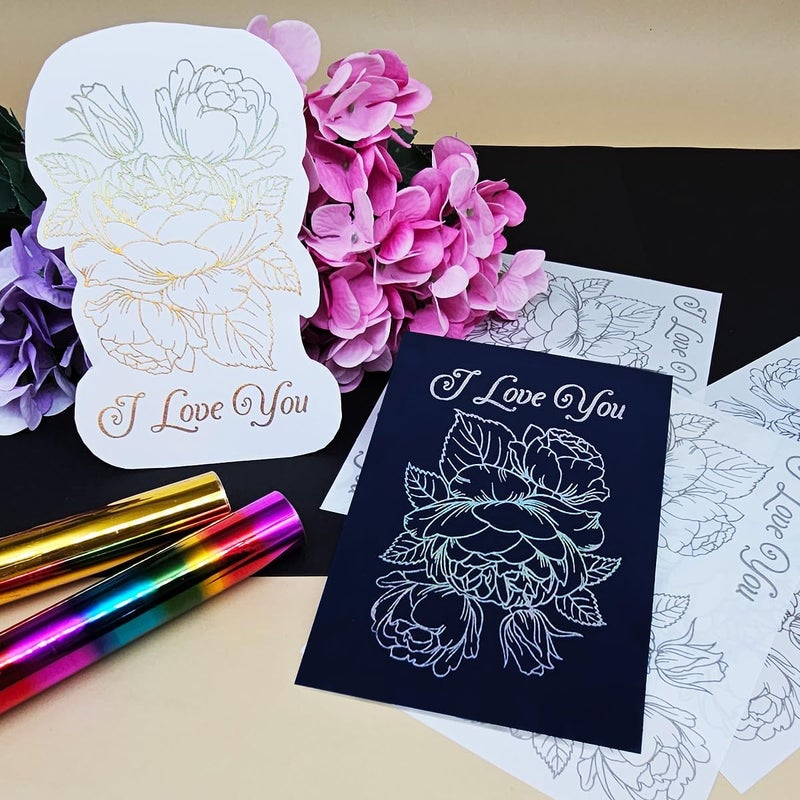 JBQUEEN 3pc I Love You Flower Stick&Shine Foil Transfer Sticker Paper for Handmade Card Making Scrapbooking and Album Journal Invitation Decoration Metallic Hot Foil Transfer Printing Adhesive Sheets - Image 5